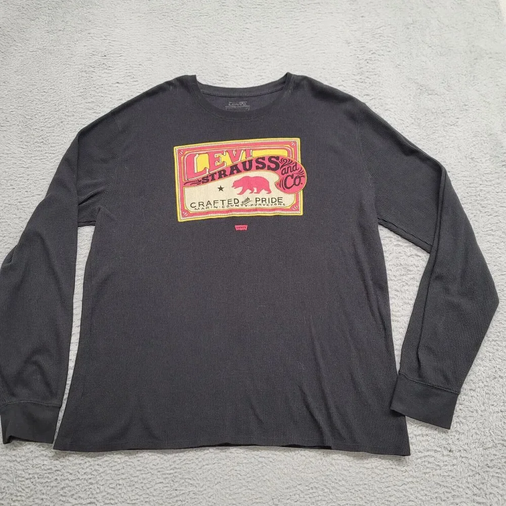 Levis Shirt Mens 2XL Black Thermal Long Sleeve Vintage Logo California Bear